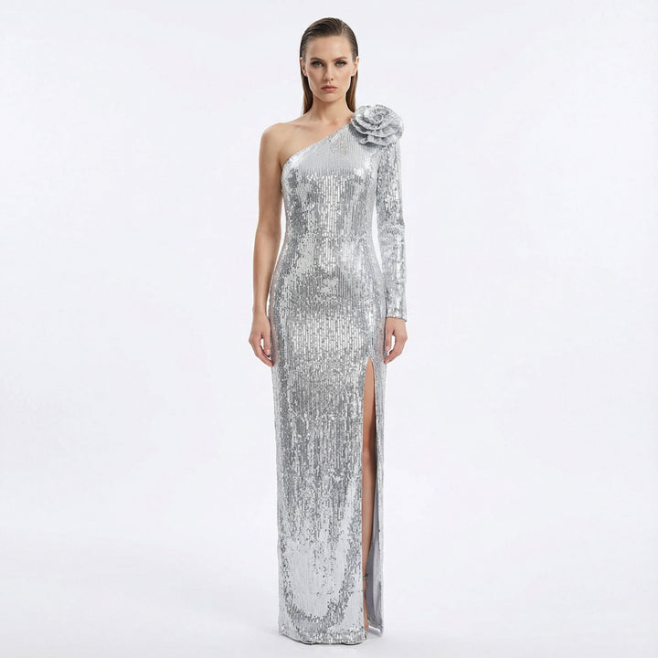 Damen Elegantes Etuikleid mit schimmerndem Stoff und einzigartiger Schulterpartie Drune
