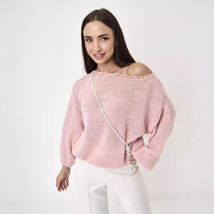 Damen lässiger Grobstrickpullover mit weiten Ärmeln und Rundhalsausschnitt Drune
