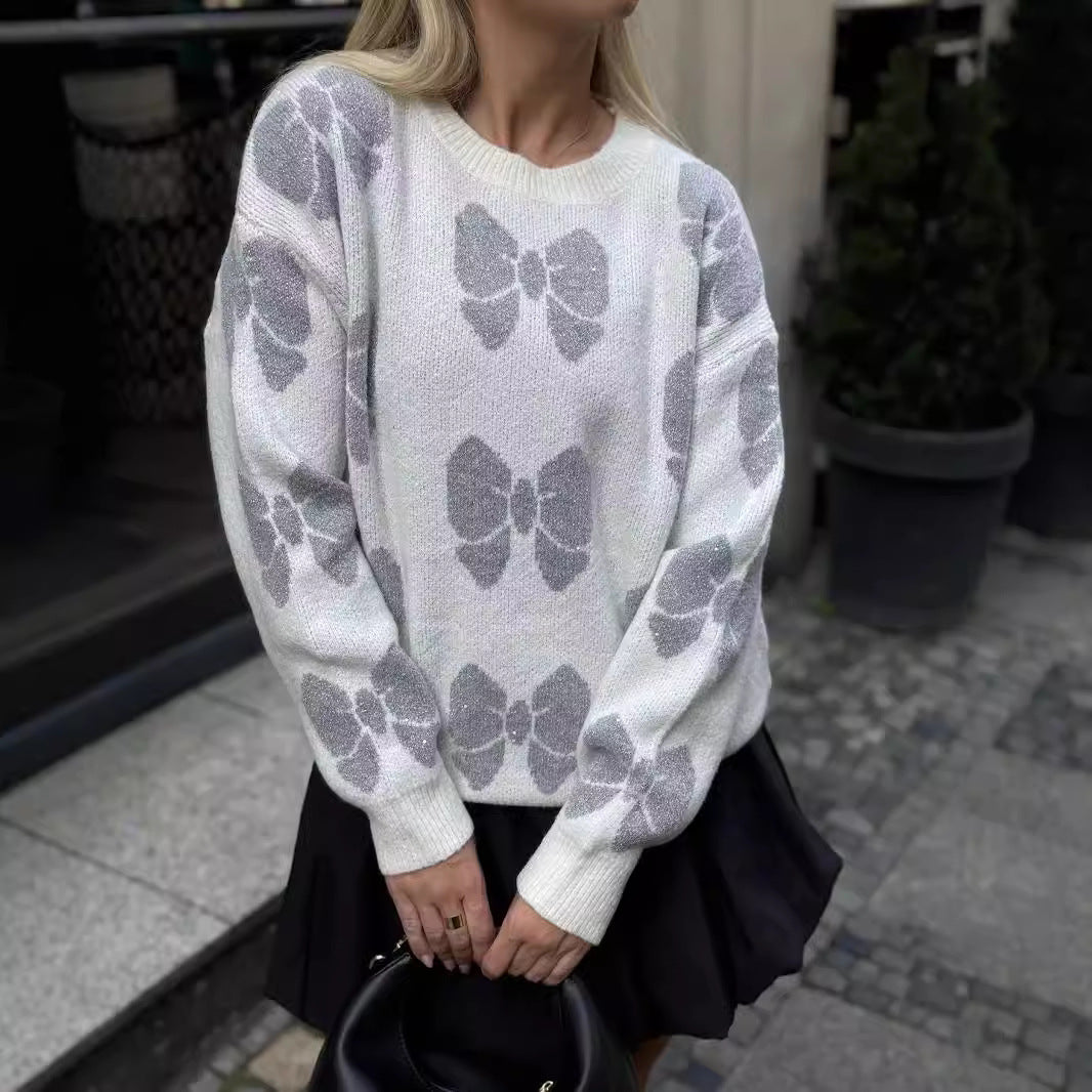 Damen Strickpullover mit floralem Muster und elegantem Rundhalsausschnitt Drune