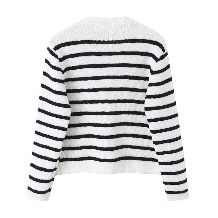 Damen Gestreifte Strickjacke mit Rundhalsausschnitt, Zierknopfleiste und aufgesetzten Taschen Drune