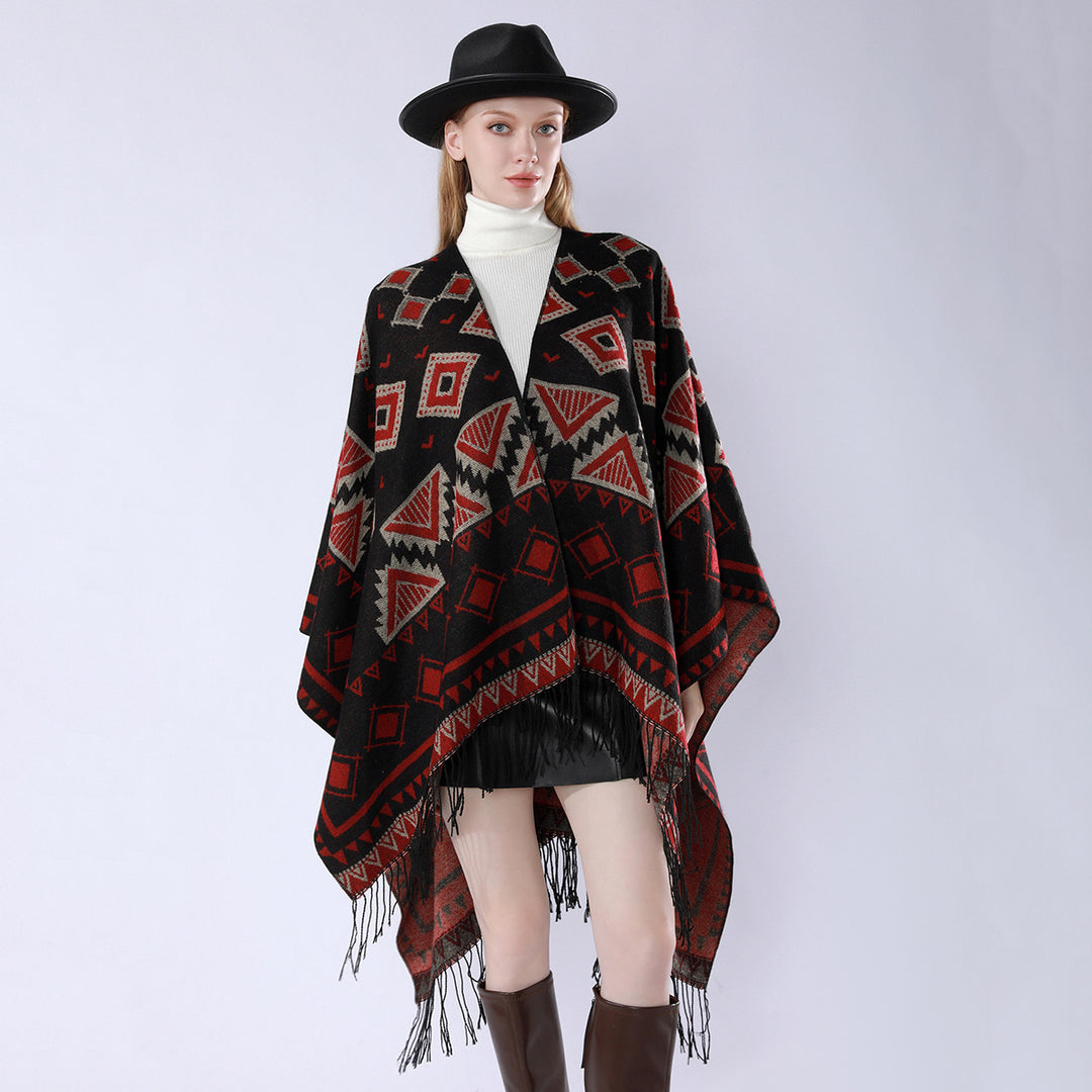 Damen Zweilagiger Kapuzen-Überwurf mit asymmetrischem Fransensaum und geometrischem Jacquard Drune