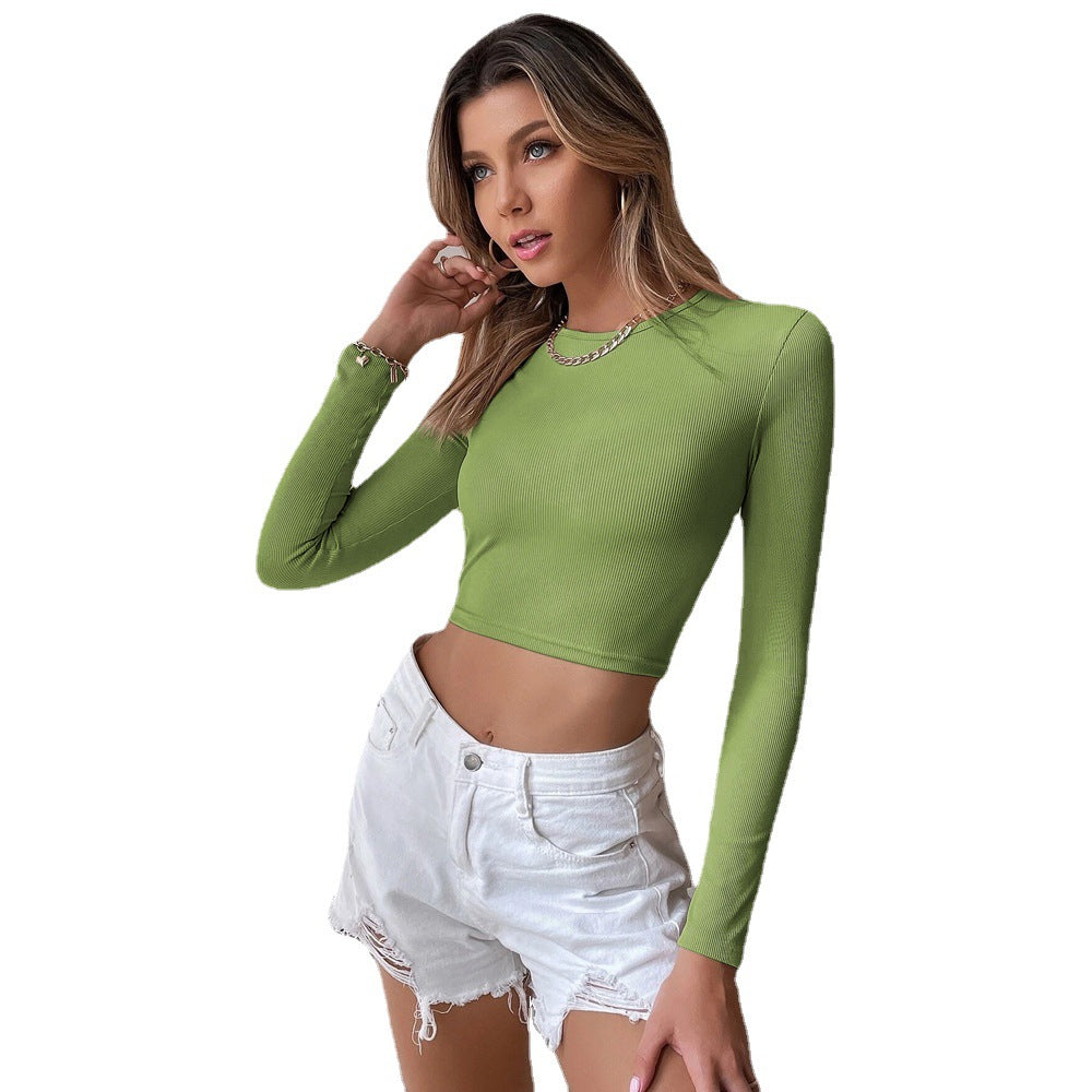 Damen eng anliegendes geripptes Cropped-Longsleeve mit Rundhals Drune