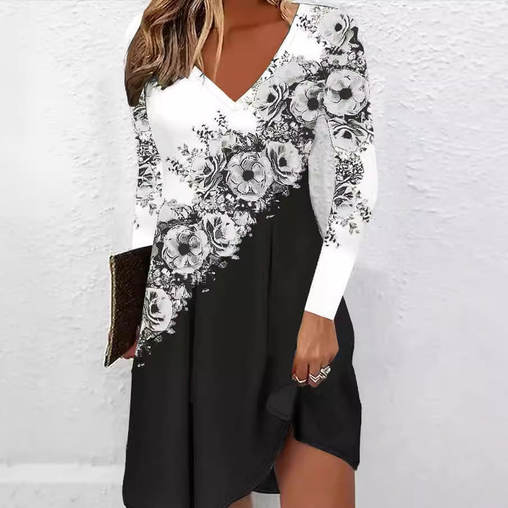 Damen V-Ausschnitt Kleid mit floralen Akzenten und asymmetrischem Schnitt Drune