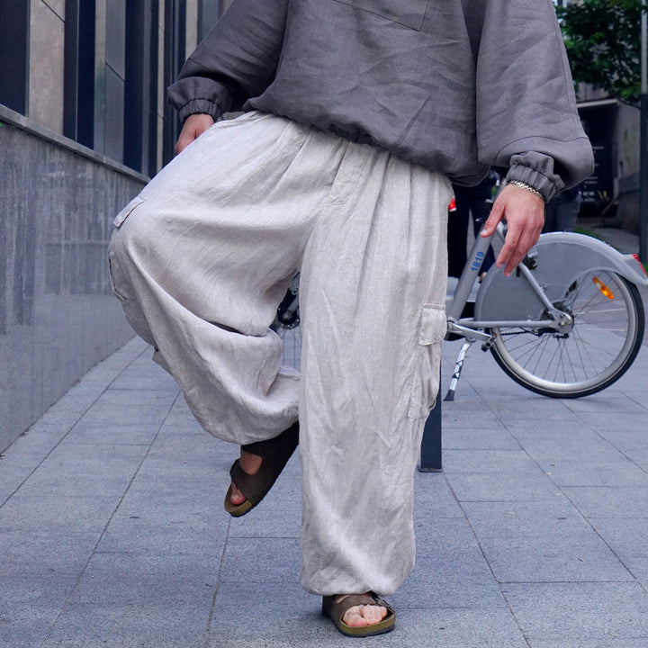 Herren Weite Leinen-Cargohose mit elastischem Bund, Falten und aufgesetzter Seitentasche Drune