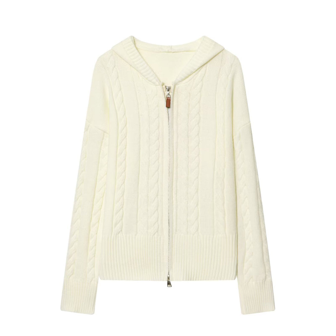 Damen Kapuzenstrickjacke mit Zopfstrickmuster und Metallreißverschluss Drune