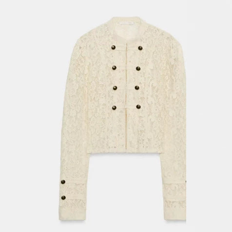 Damen Kurze Spitzenjacke im Military‑Look mit Stehkragen und Zierknopfleiste Drune