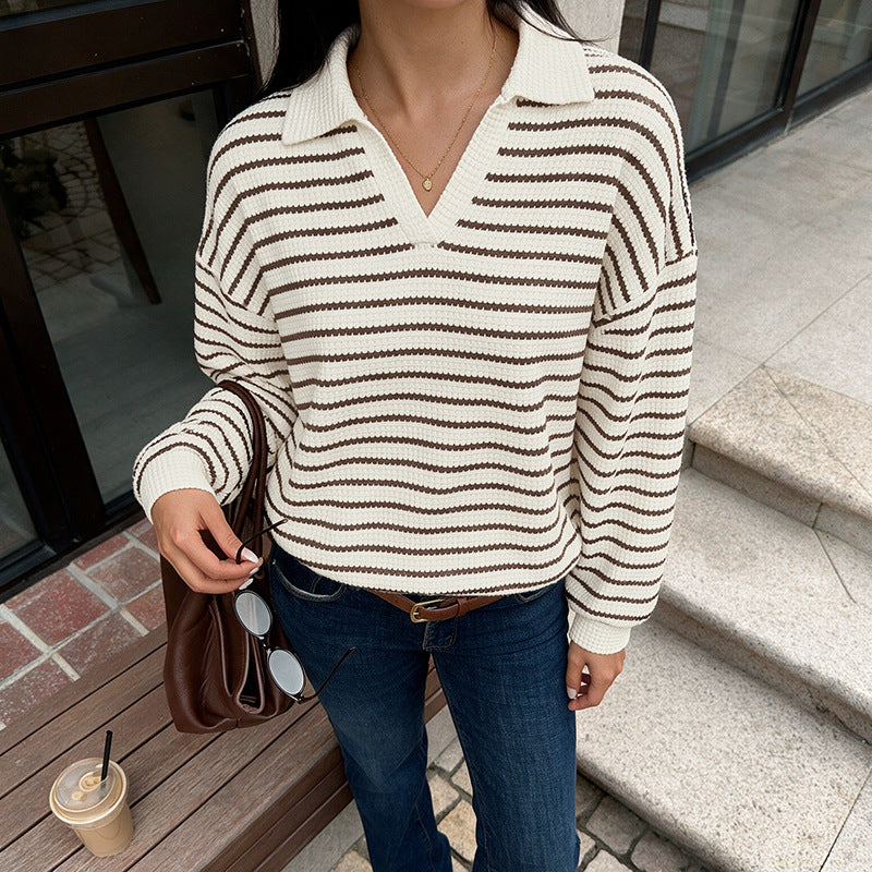 Damen Stylischer V-Ausschnitt Pullover mit Streifen Drune
