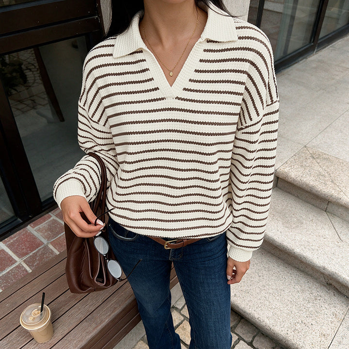 Damen Stylischer V-Ausschnitt Pullover mit Streifen Drune