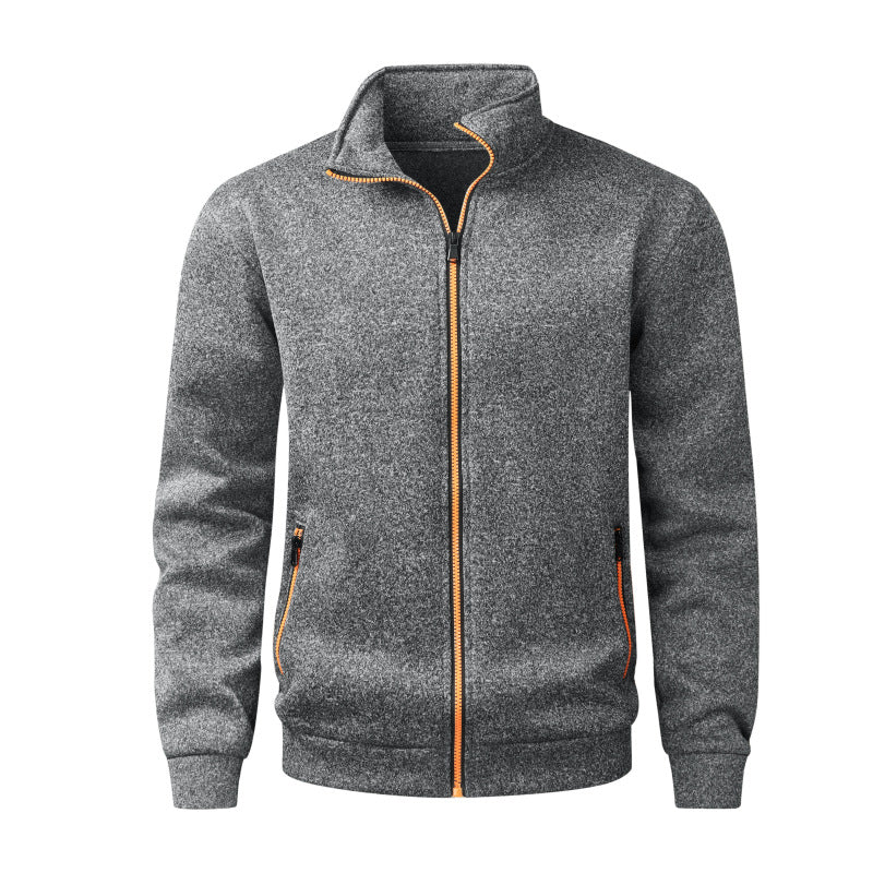 Herren Fleece-Strickjacke mit durchgehendem Reißverschluss, Stehkragen & Neon-Kontrastdetails Drune