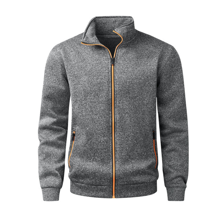 Herren Fleece-Strickjacke mit durchgehendem Reißverschluss, Stehkragen & Neon-Kontrastdetails Drune