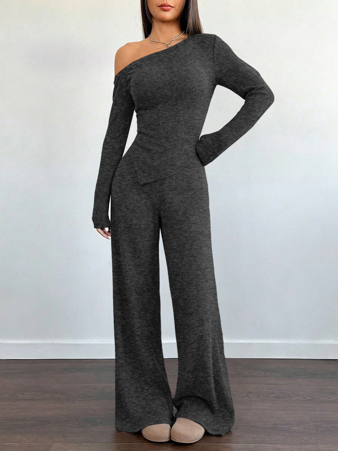 Damen Asymmetrisches Strick-Lounge-Set mit One-Shoulder-Oberteil und weitem Bein Drune