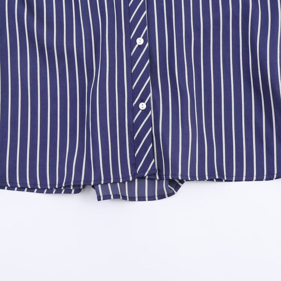 Damen Oversized Hemdbluse mit vertikalen Streifen, Ballonärmeln und breiten Manschetten Drune