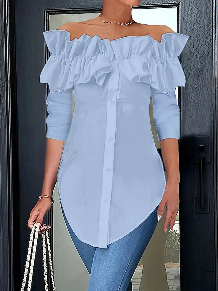 Damen Off-Shoulder Bluse mit Rüschen und Knopfleiste Drune