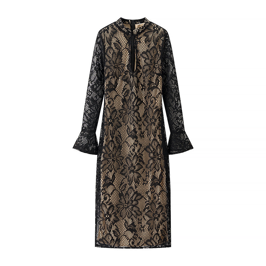 Damen nan florales Spitzen-Midikleid mit gefüttertem Nude-Unterkleid, Stehkragen, V-Schlitz und Glockenärmeln Drune