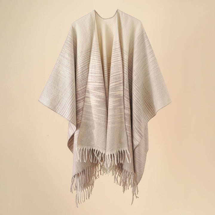 Damen Fransen‑Cape aus Wollmix mit offenem Fall und reversiblem Jacquard Drune