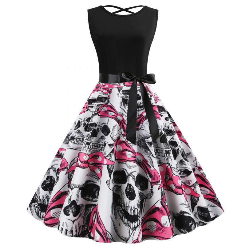 Damen Rockabilly Kleid mit Totenkopf-Motiv und voluminösem Rock Drune