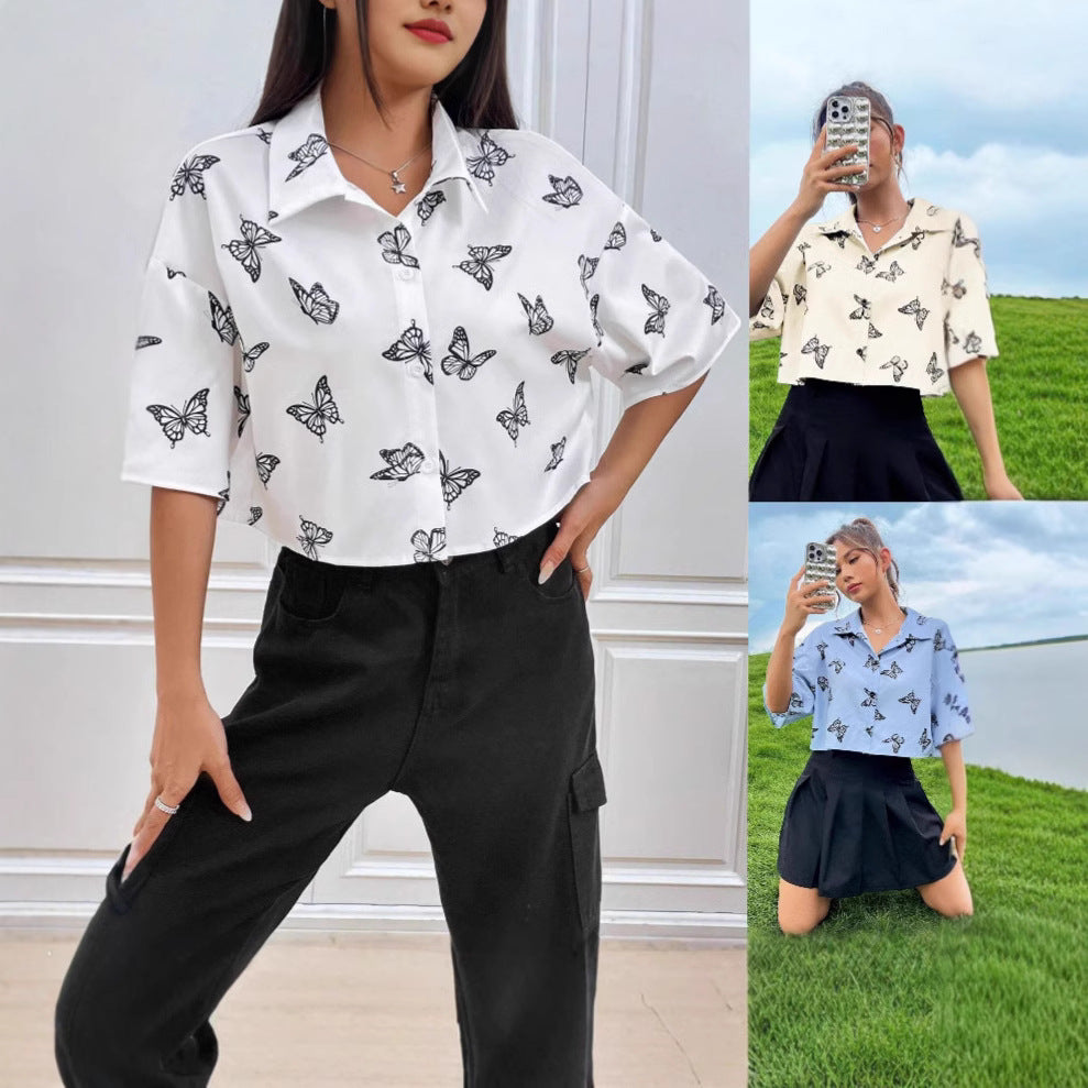 Damen Kurzgeschnittene Boxy-Hemdbluse mit Schmetterlingsprint Drune
