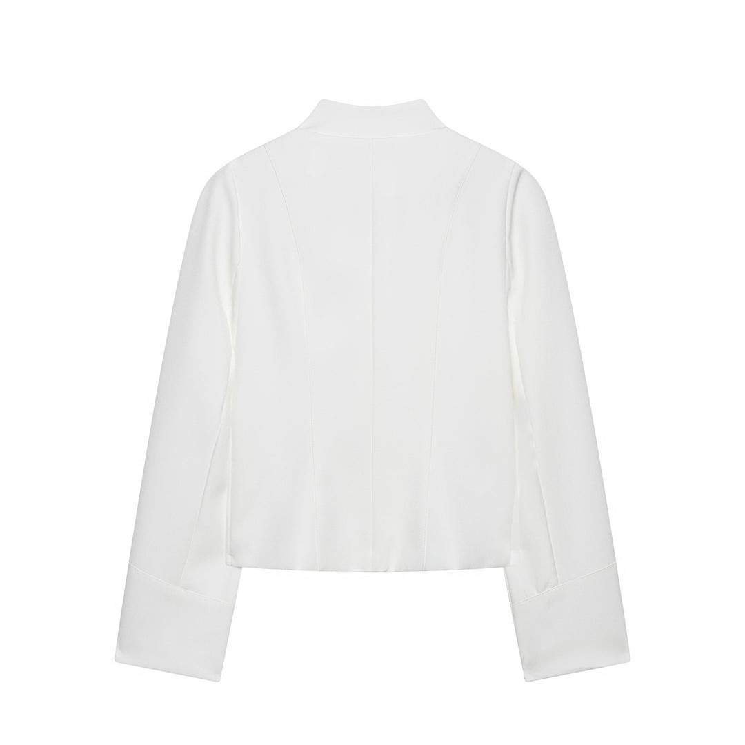 Damen Kurzbluse-Jacke mit gefalteter Rüschenpasse und Stehkragen Drune