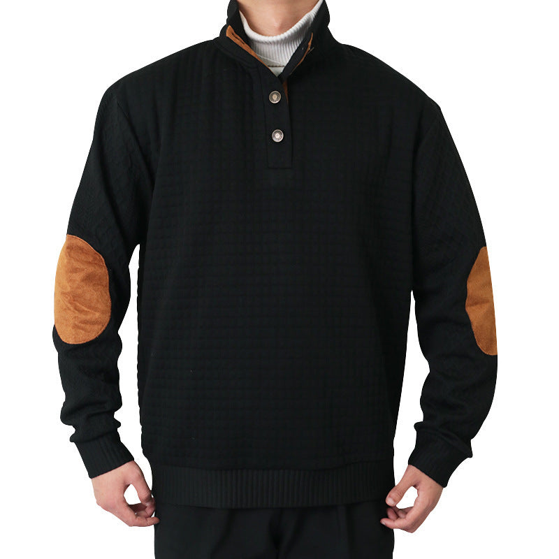 Herren Waffelstrick-Halbzip-Pullover mit Stehkragen Lederbesatz und Ellbogenpatches Drune