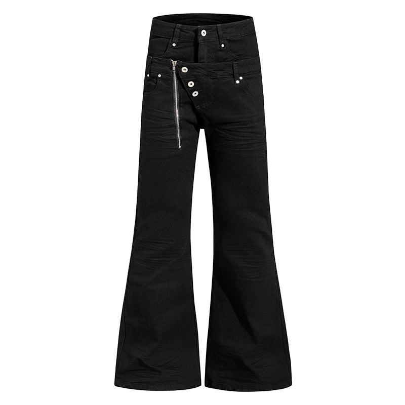 Damen Weite Schlaghose aus Denim mit asymmetrischem Reißverschluss und Knopfverschluss Drune