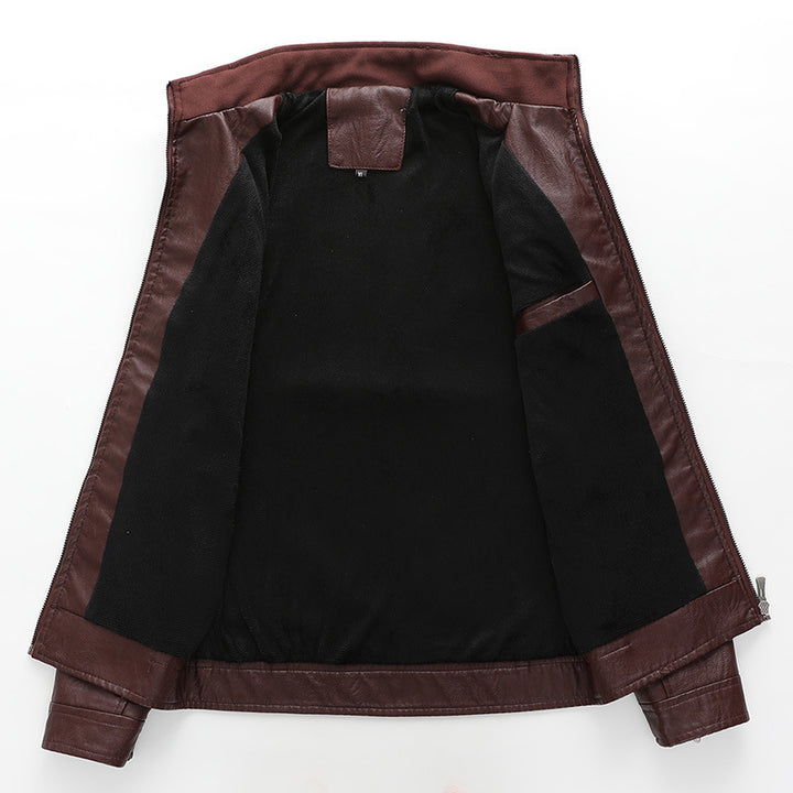 Herren Lederimitat Bikerjacke mit Stehkragen und Reißverschlusstaschen Drune