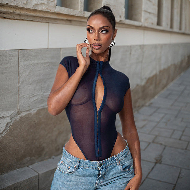 Damen Translucenter Body mit Reißverschluss und figurbetonendem Design Drune
