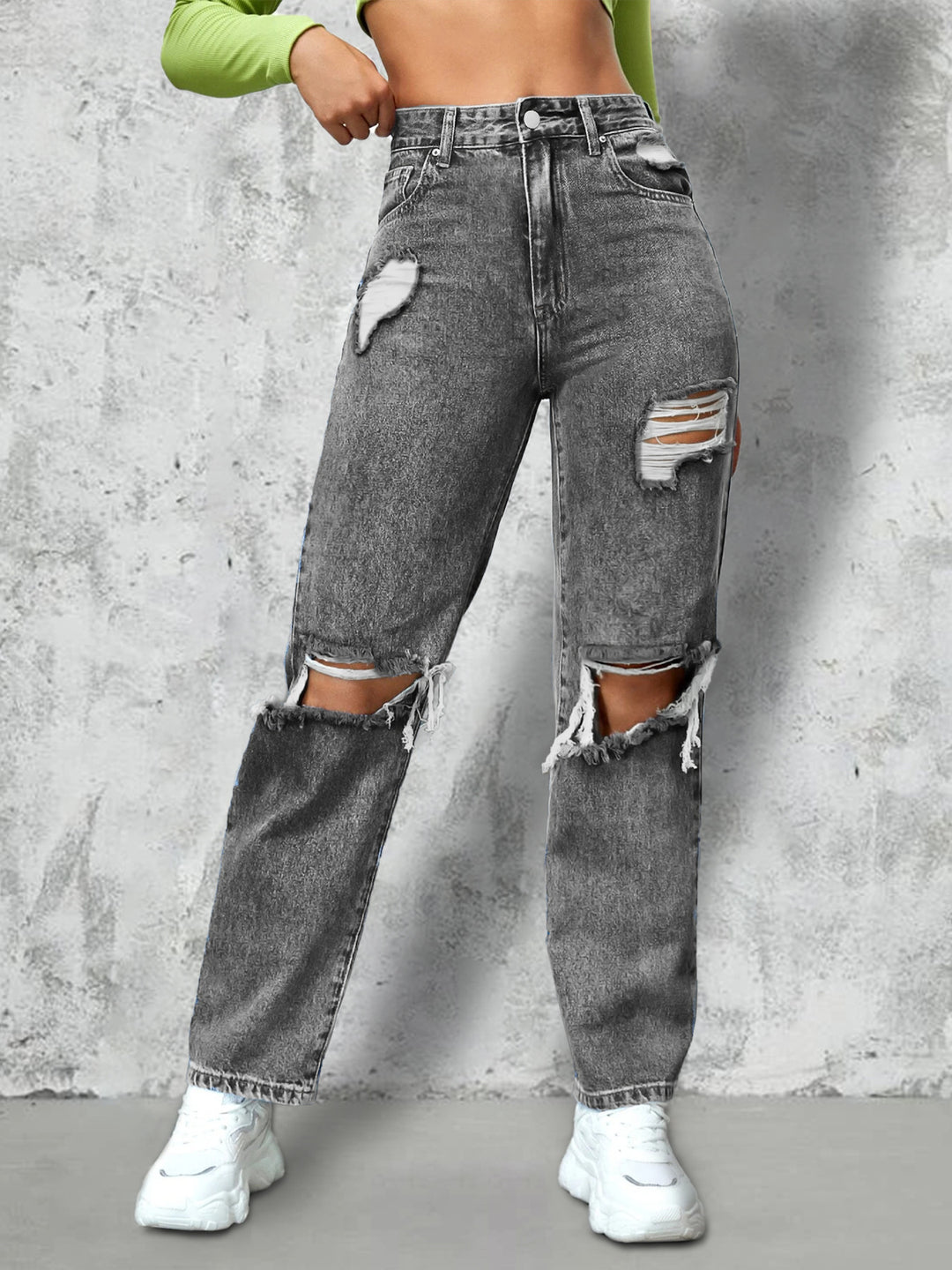 Damen High‑Waist Ripped Straight‑Leg Jeanshose mit Knie‑Cutouts und Used‑Wash Drune