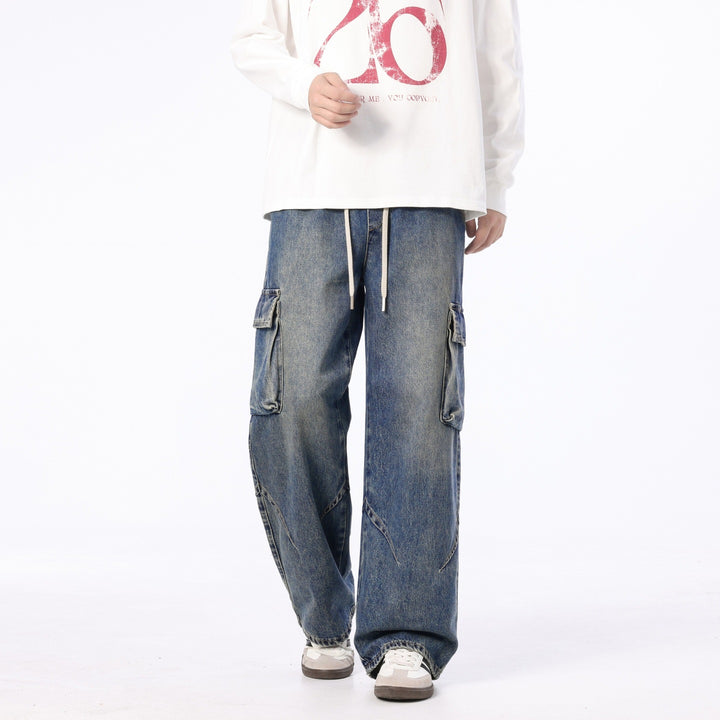 Herren Weite Cargo-Denimhose mit Tunnelzug, Used‑Waschung und Oversize‑Passform Drune