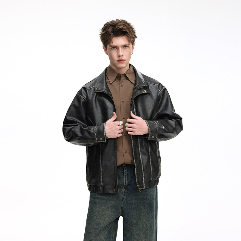Herren Lederjacke im Vintage-Bomberstil mit Stehkragen Drune