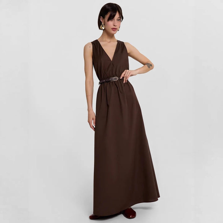 Damen Maxikleid mit stilvollem V-Ausschnitt und Taillengürtel Drune