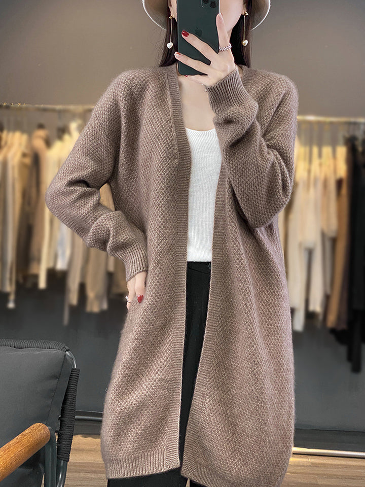 Damen Langer Offener Strickcardigan mit Samenmuster und gerippten Abschlüssen Drune