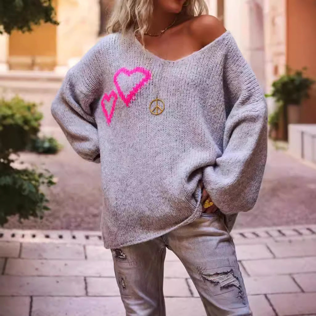 Damen lässiger Strickpullover mit Herzapplikationen und oversize Passform Drune