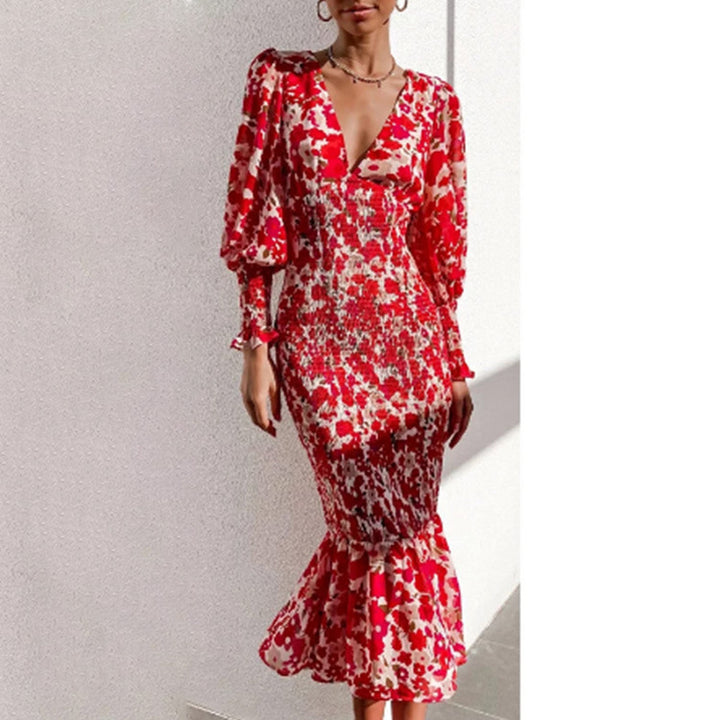 Damen Bodycon Kleid mit Rüschensaum und glamourösem Blumenmuster Drune