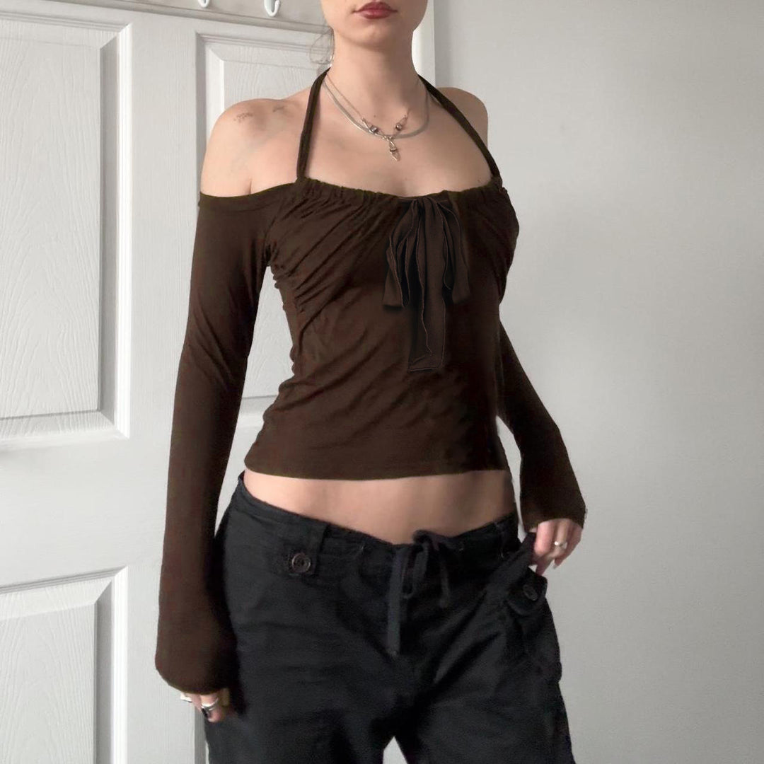 Damen Kurzgeschnittenes Schulterfreies Longsleeve mit Neckholder, Brustraffung und BindDruneand Drune