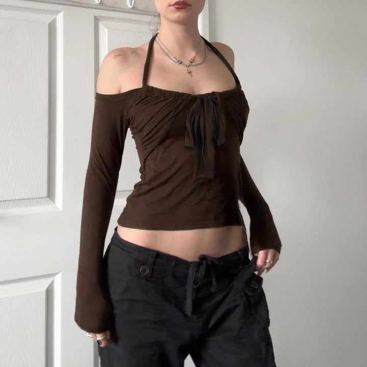 Damen Kurzgeschnittenes Schulterfreies Longsleeve mit Neckholder, Brustraffung und BindDruneand Drune