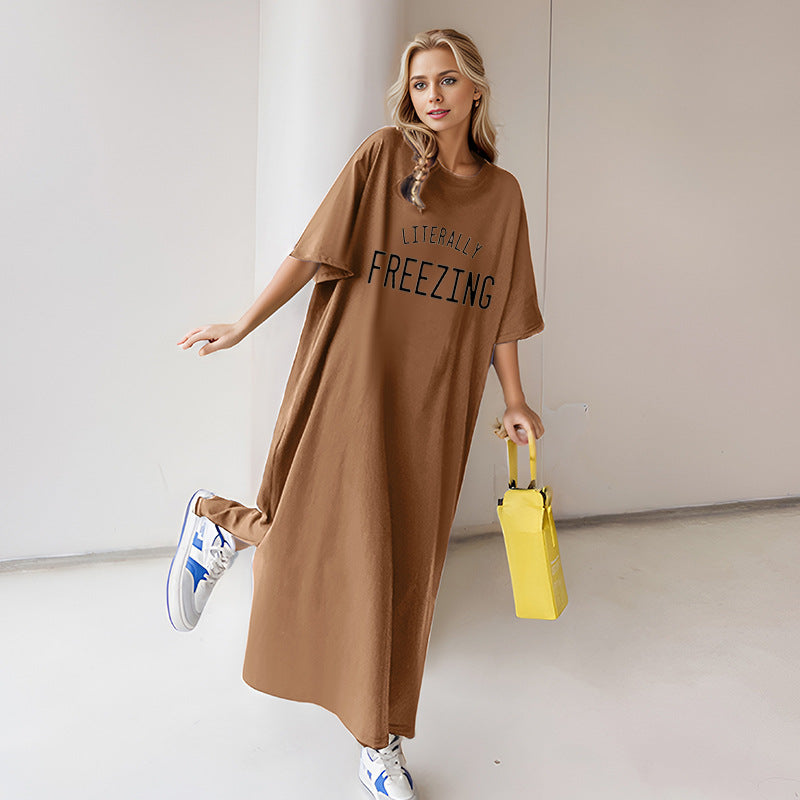 Damen nan lässiges Oversize Maxi-T-Shirt-Kleid mit Rundhals und Statement-Print Drune