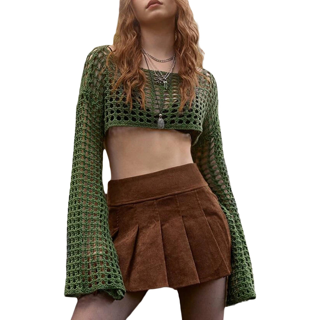 Damen luftiges gehäkeltes Crop-Top mit langen Ärmeln Drune