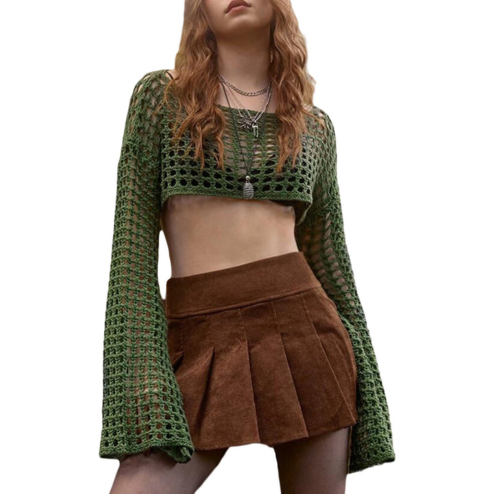 Damen luftiges gehäkeltes Crop-Top mit langen Ärmeln Drune