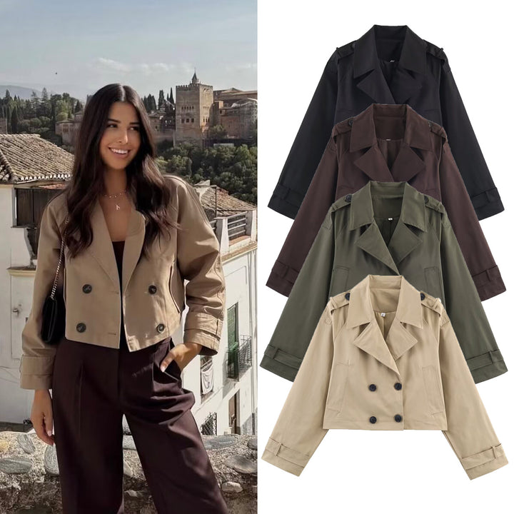 Damen Kurzgeschnittene Trenchjacke im Boxy‑Schnitt mit Doppelreiher und Schulterriegeln Drune