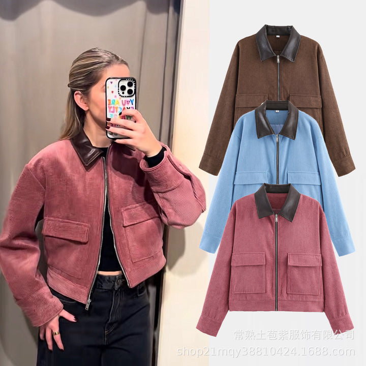 Damen Cordjacke mit Reißverschluss, Kunstlederkragen und aufgesetzten Taschen Drune