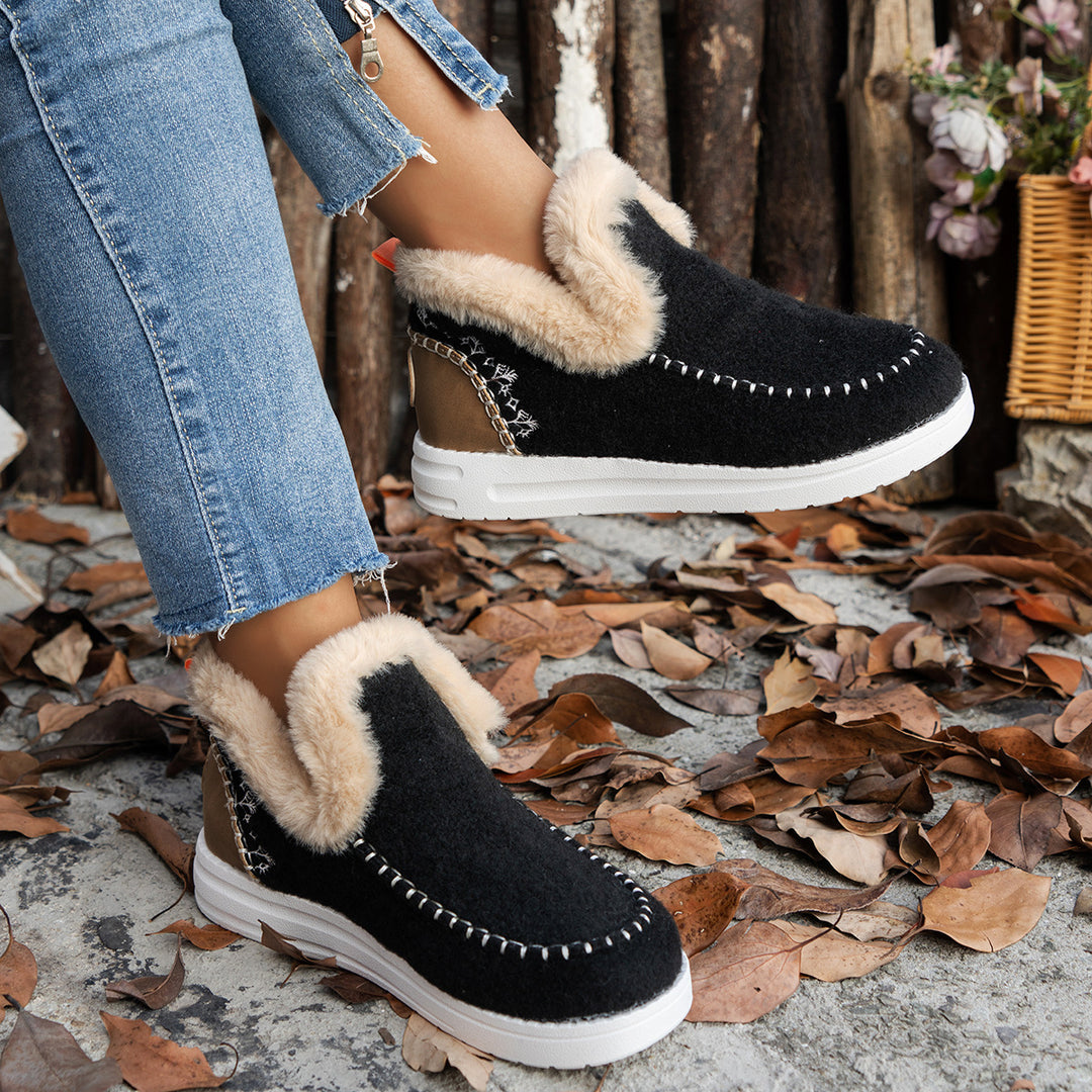 Damen Gefütterte Wollfilz-Hausschuh-Boots mit Kunstfellkragen Drune