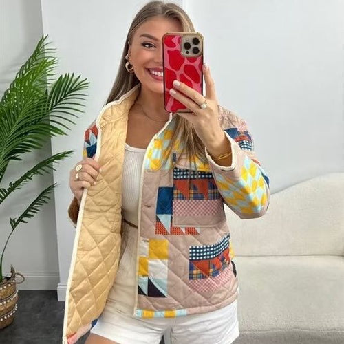 Damen nan gesteppte Patchwork-Quiltjacke mit Stehkragen und aufgesetzten Klappentaschen Drune