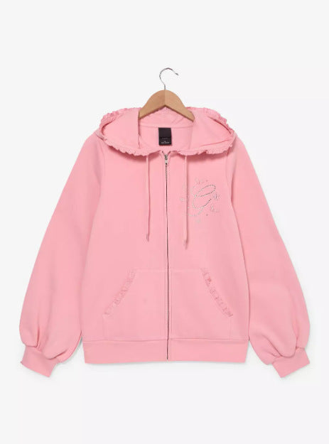 Damen nan Rüschen-Kapuzen-Sweatjacke mit Ballonärmeln und Strasslogo Drune