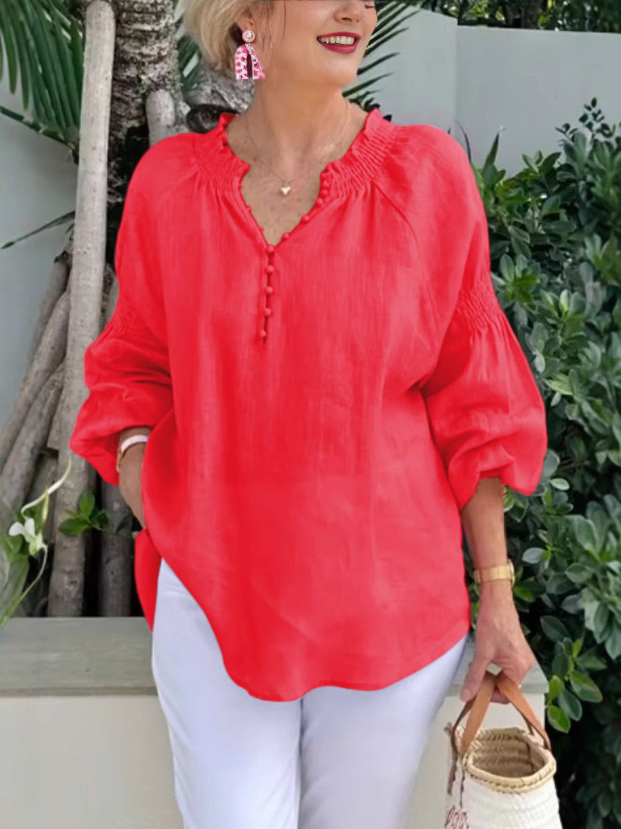Damen lässige Kleidungsbluse mit Ballonärmeln und Knopfleiste Drune