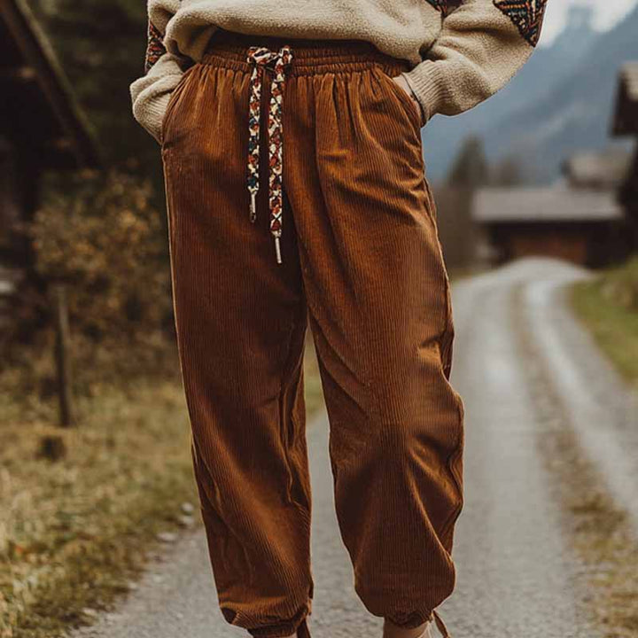 Damen lässige Cordhose mit elastischem Bund und farbigen Schnürsenkeln Drune