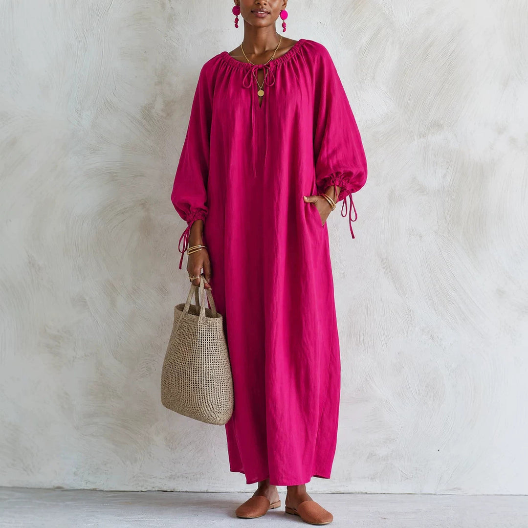 Damen Maxikleid im Kaftan-Stil mit gerafftem Rundhalsausschnitt, Ballonärmeln und Eingrifftaschen Drune