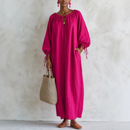 Damen Maxikleid im Kaftan-Stil mit gerafftem Rundhalsausschnitt, Ballonärmeln und Eingrifftaschen Drune