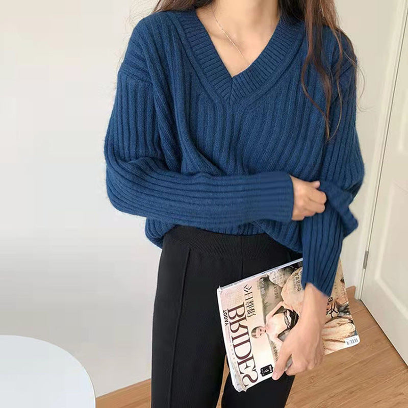 Damen Viskose-Strickpullover mit V-Ausschnitt und geripptem Design Drune
