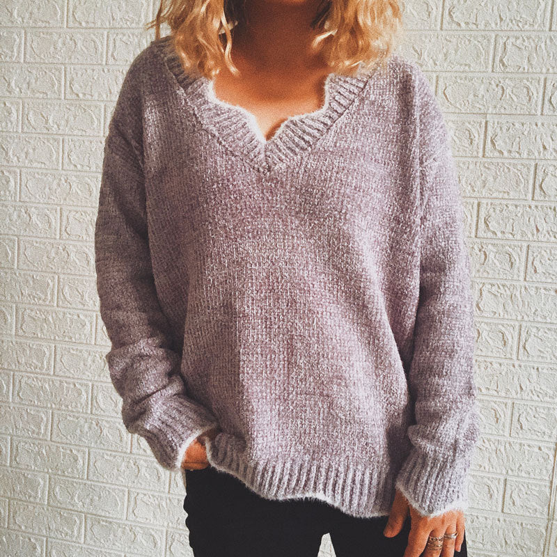 Damen lässiger Strickpullover mit weitem V-Ausschnitt und asymmetrischem Saum Drune
