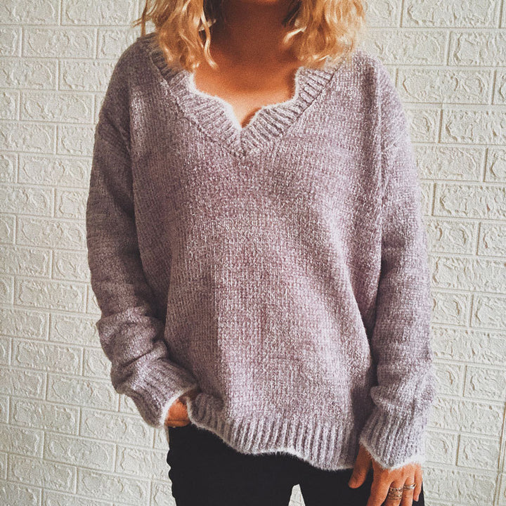 Damen lässiger Strickpullover mit weitem V-Ausschnitt und asymmetrischem Saum Drune